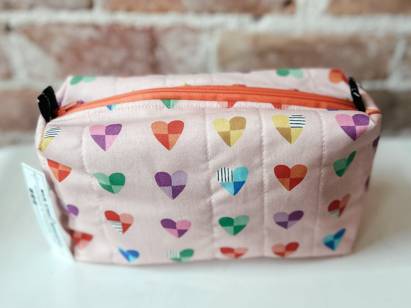 Quilted Soft Boxy Zipper Pouch - Pink with Hearts