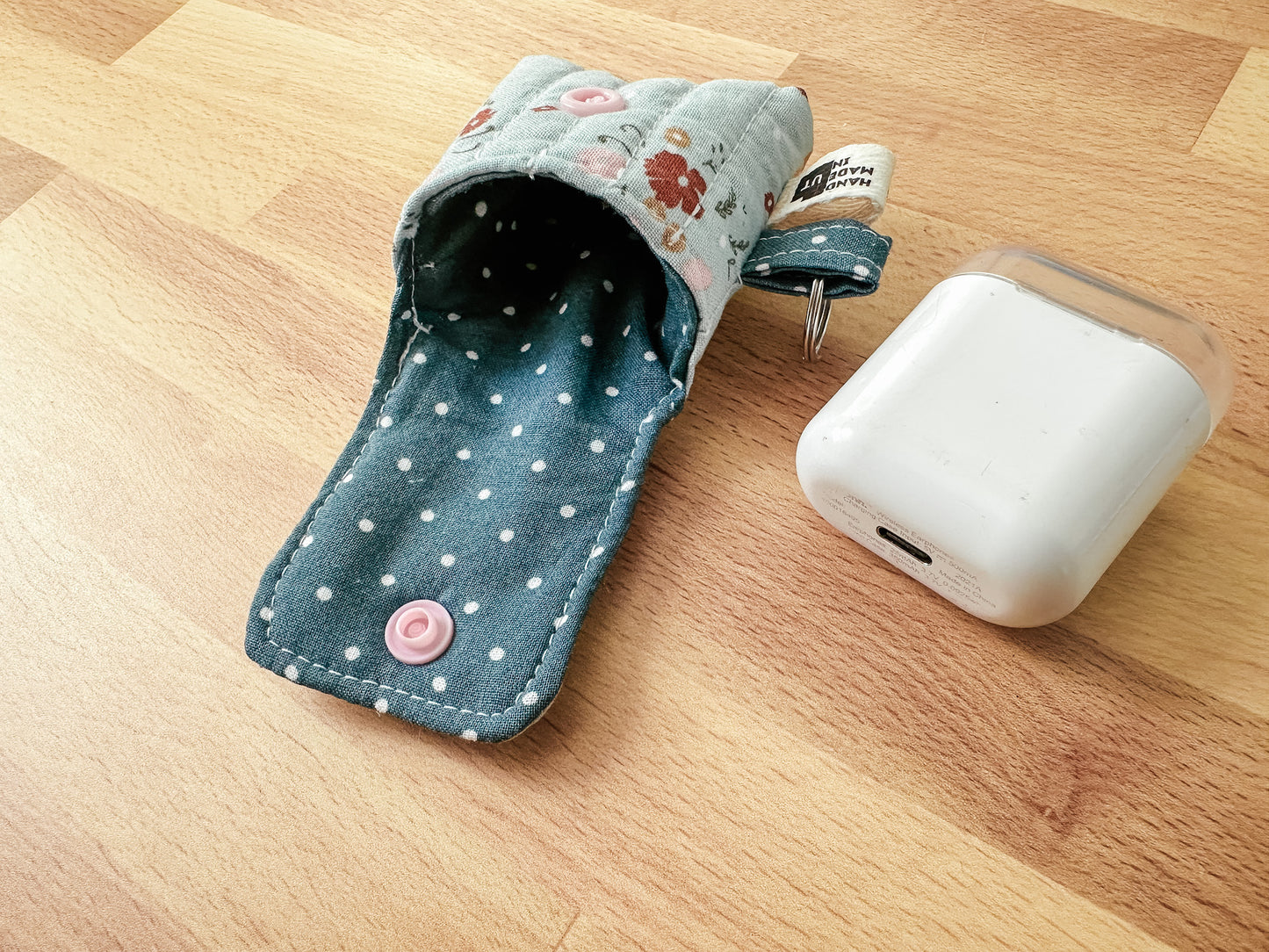 Quilted Airpods Sleeve Keychain - Blue Floral
