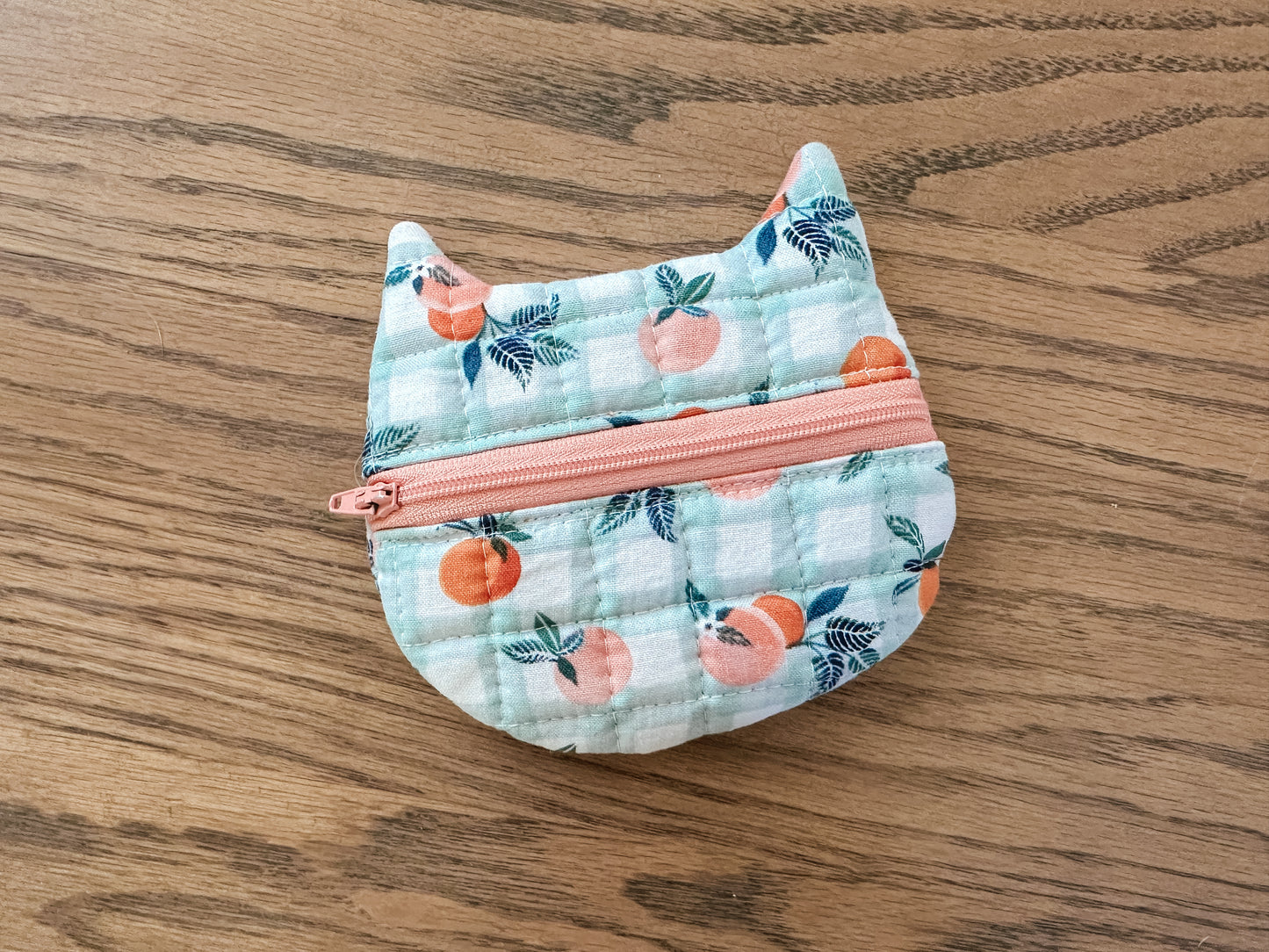 Cat Zipper Coin Purse - Gingham Peaches