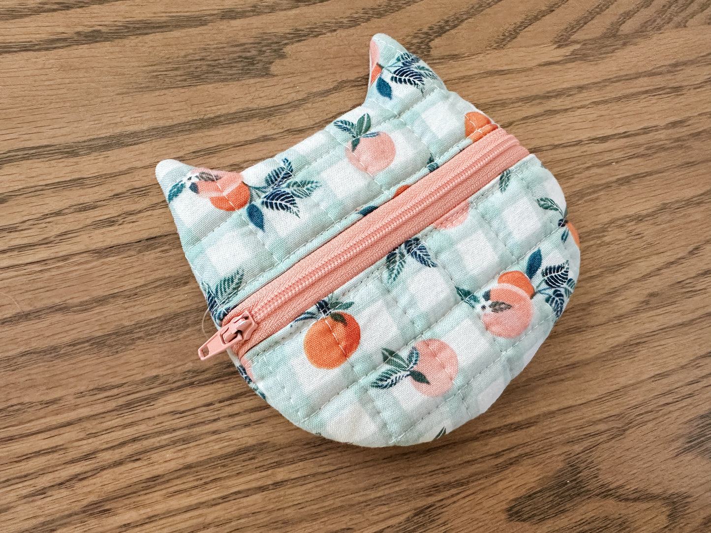 Cat Zipper Coin Purse - Gingham Peaches