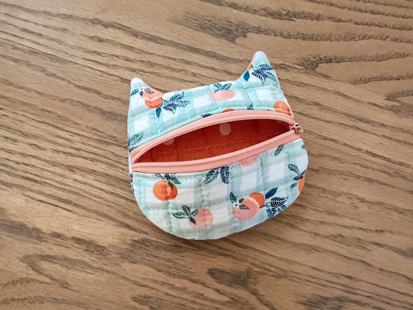 Cat Zipper Coin Purse - Gingham Peaches