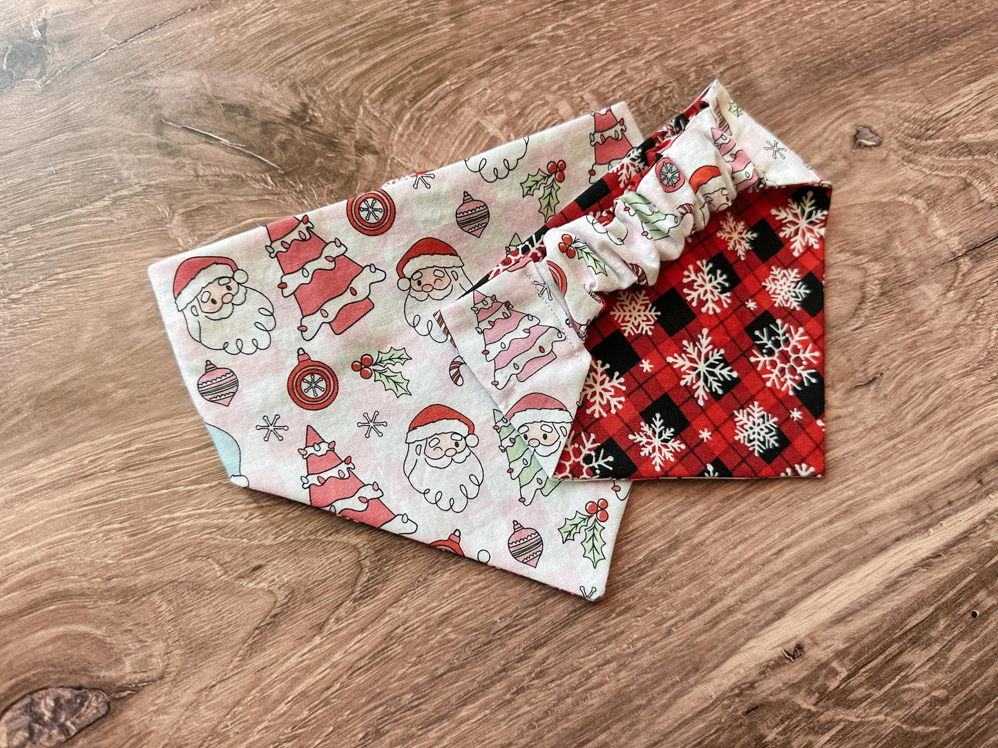 Light Pink Santa and Plaid Snowflake Holiday Reversible Scrunchie Dog Bandana