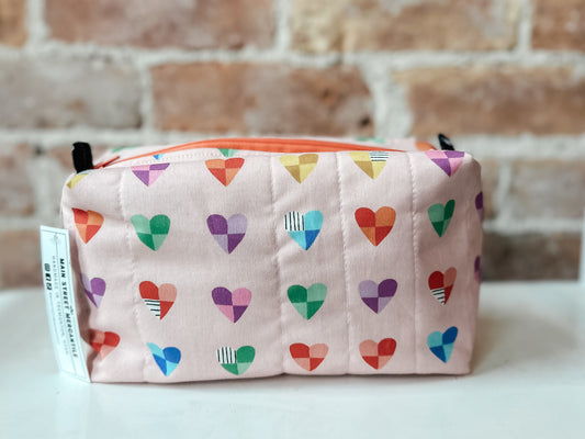 Quilted Soft Boxy Zipper Pouch - Pink with Hearts