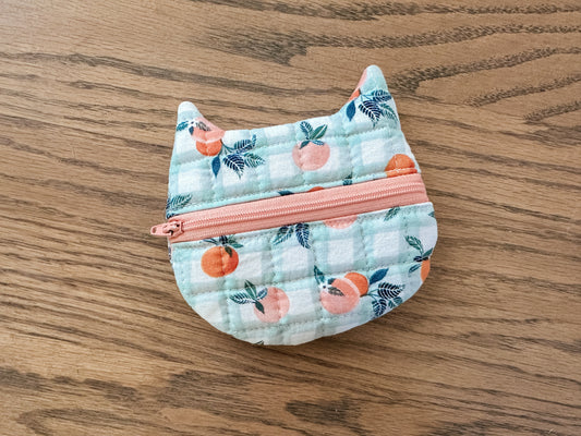Cat Zipper Coin Purse -  Gingham Peaches