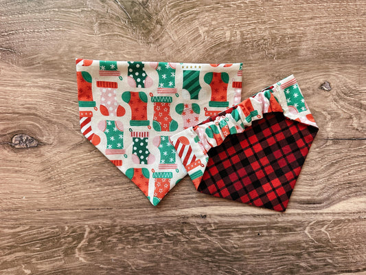 Pink Christmas Stockings Holiday Reversible Scrunchie Dog Bandana