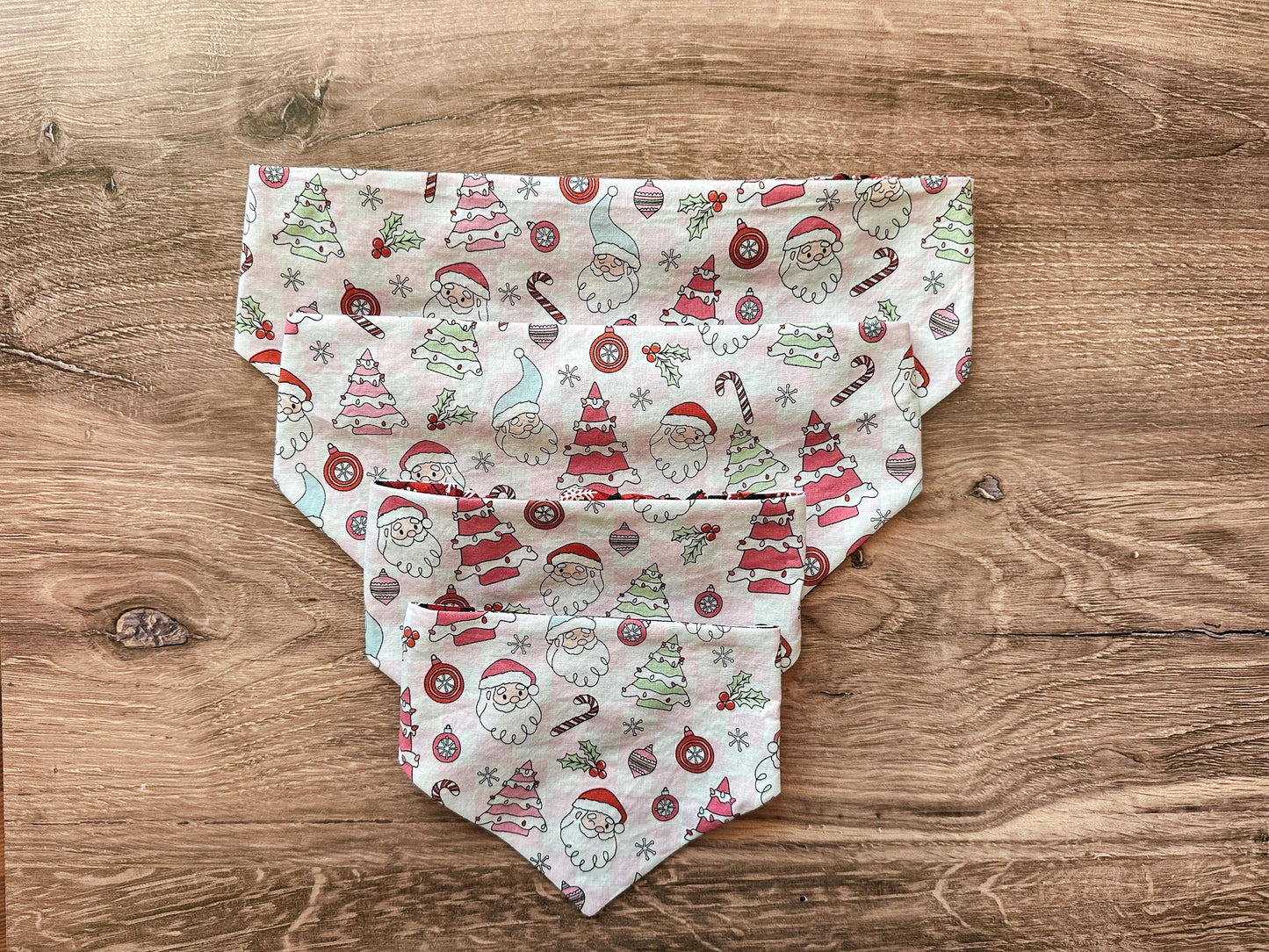Light Pink Santa and Plaid Snowflake Holiday Reversible Scrunchie Dog Bandana