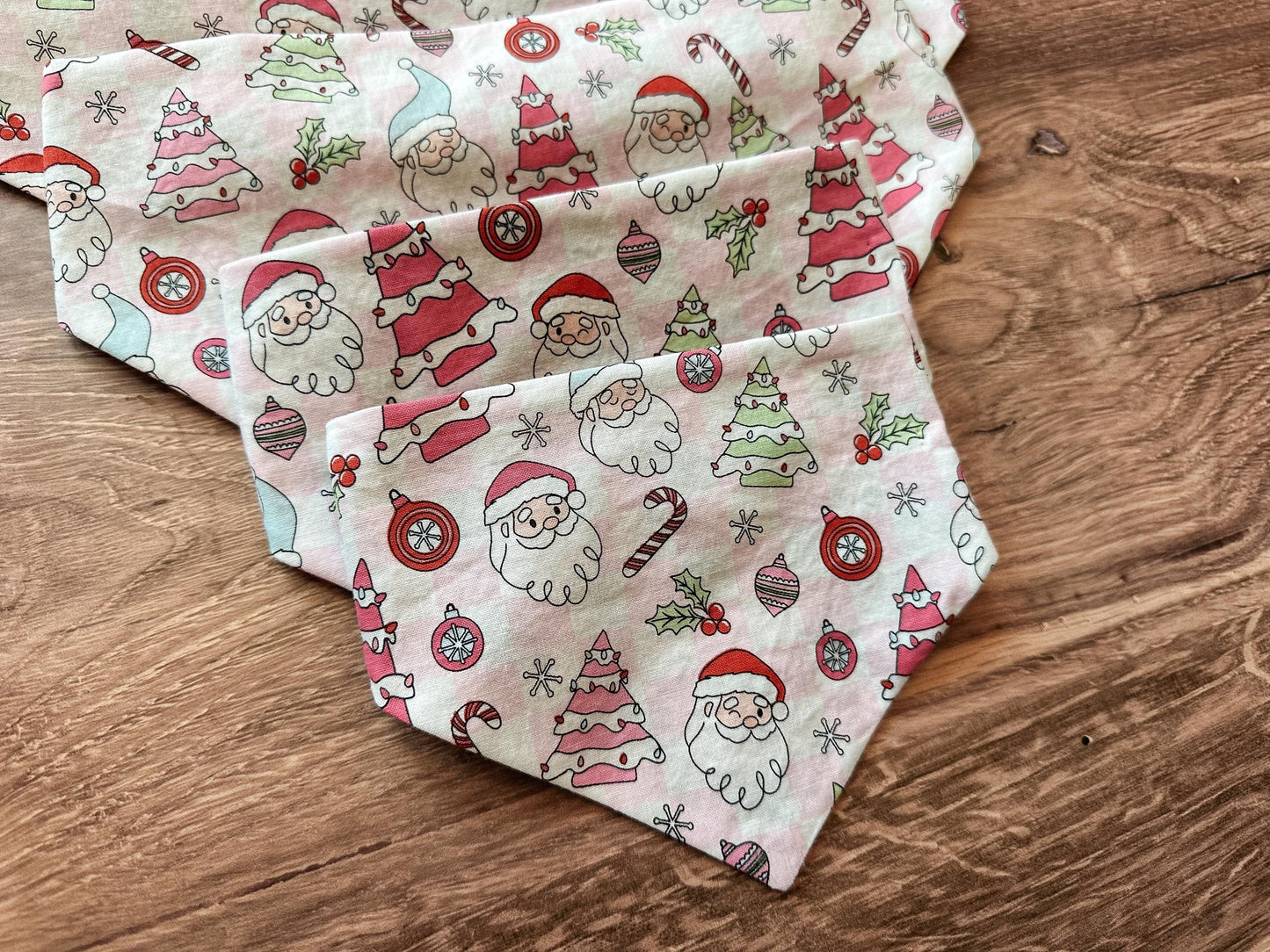 Light Pink Santa and Plaid Snowflake Holiday Reversible Scrunchie Dog Bandana
