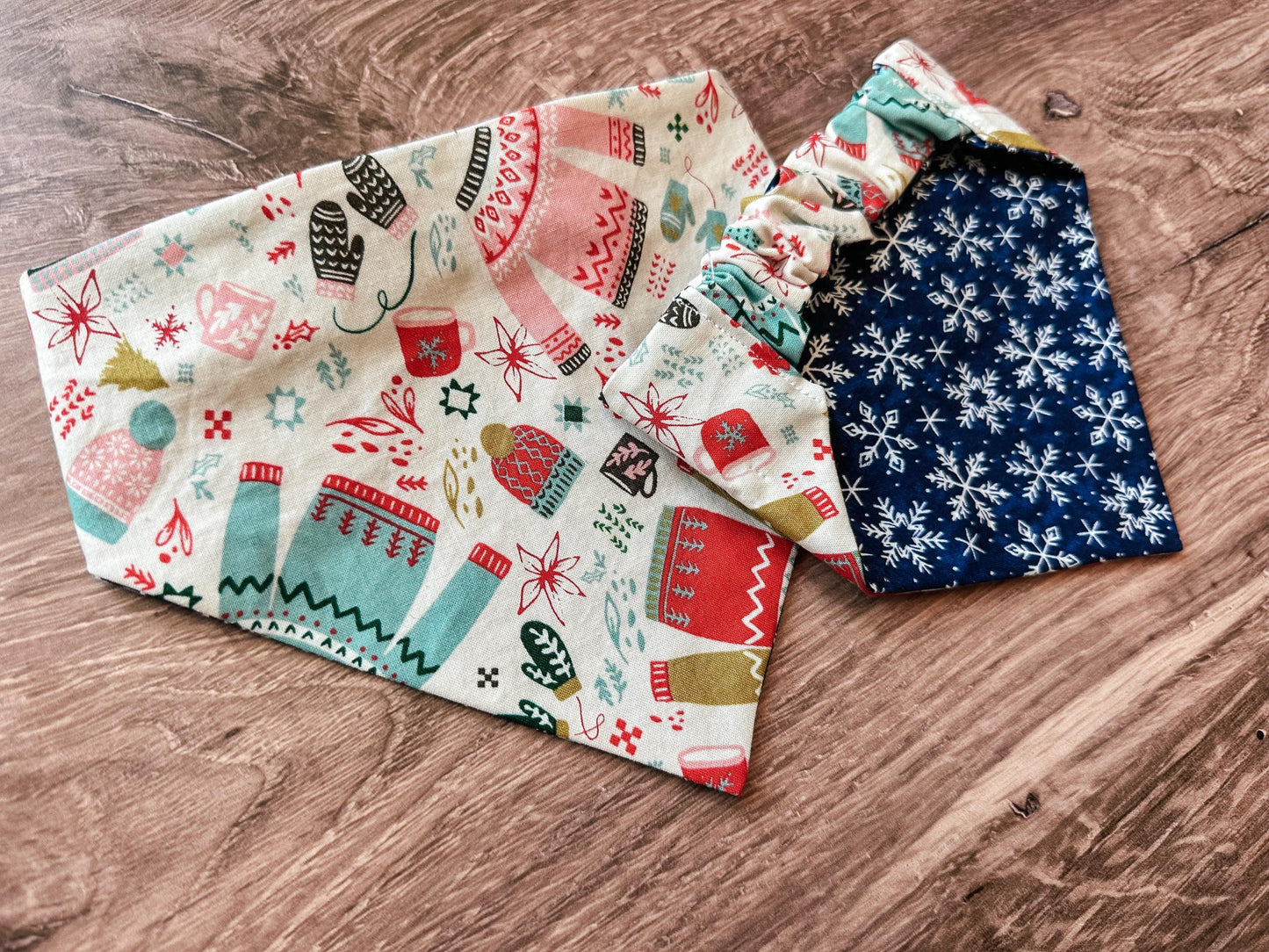 Christmas Sweater and Snowflake Holiday Reversible Scrunchie Dog Bandana