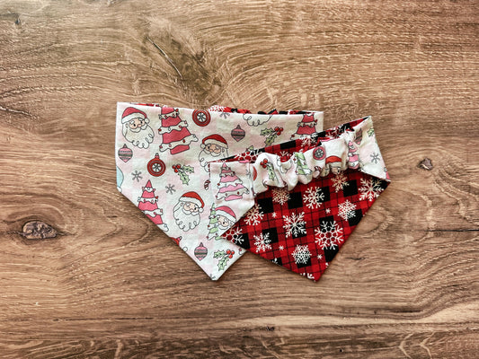 Light Pink Santa and Plaid Snowflake Holiday Reversible Scrunchie Dog Bandana