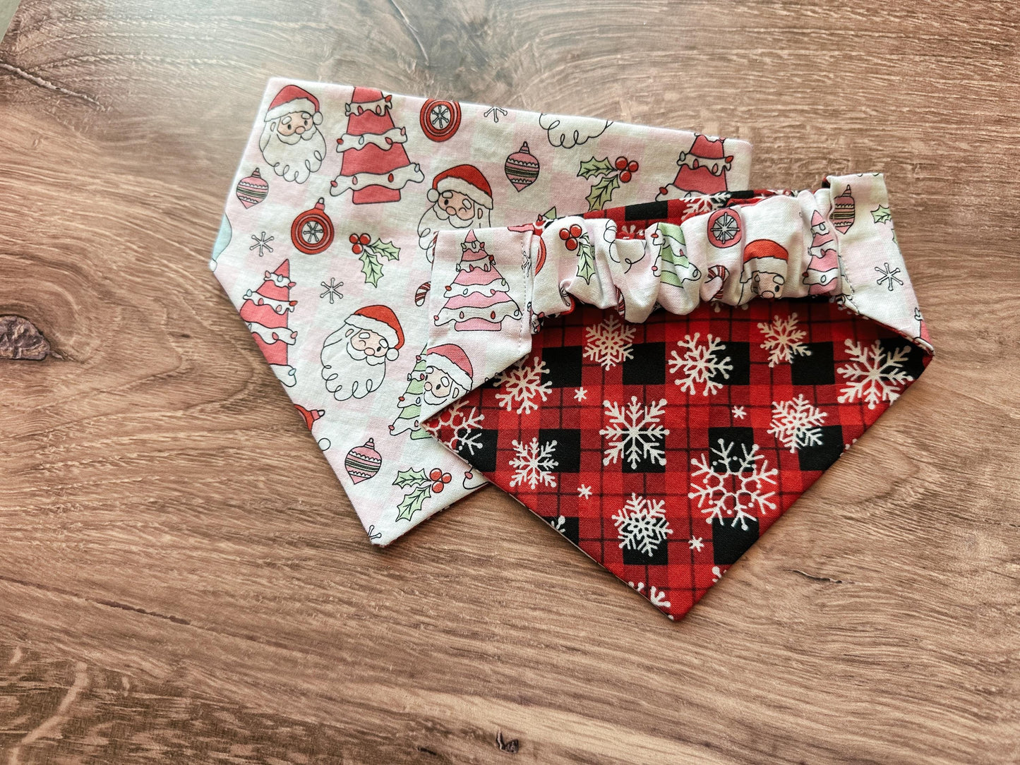 Light Pink Santa and Plaid Snowflake Holiday Reversible Scrunchie Dog Bandana