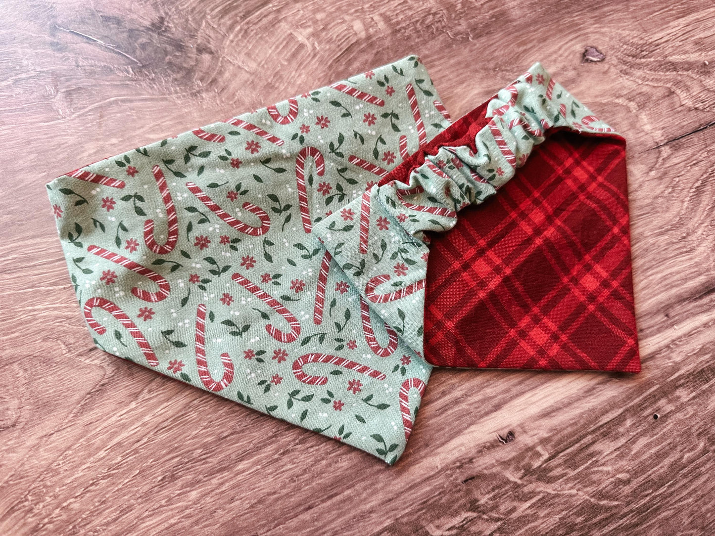 Green Candy Canes and Plaid Holiday Reversible Scrunchie Dog Bandana