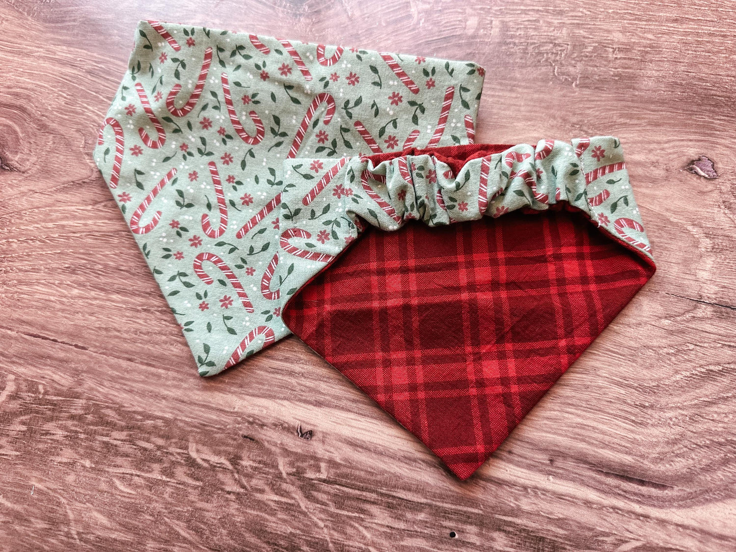 Green Candy Canes and Plaid Holiday Reversible Scrunchie Dog Bandana