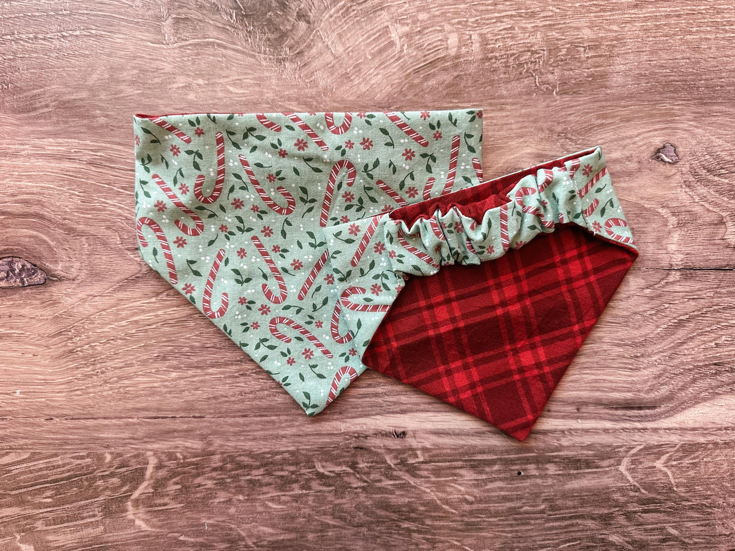 Green Candy Canes and Plaid Holiday Reversible Scrunchie Dog Bandana